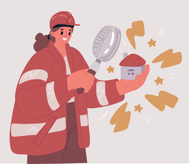 Vector illustration of Young person holding tiny house, small building, holding magnifying glass. Real estate, property, housing, design studio, sweet home concept