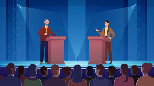 Political debate between two politicians on stage vector illustration. Cartoon man and woman talking in spotlights in front of crowd of people, public speech and dialogue with arguments of leaders