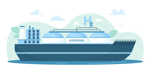Green hydrogen ship vector illustration. Cartoon transport boat with H2 tank, modern hydrogen carrier in sea waters, alternative eco friendly energy and sustainable fuel source transportation
