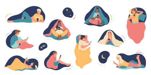 Naklejka premium Insomnia of mobile phone addicts at night set vector illustration. Cartoon isolated home bedroom scenes with woman and man lying and sitting with smartphones and tablets to play and read news