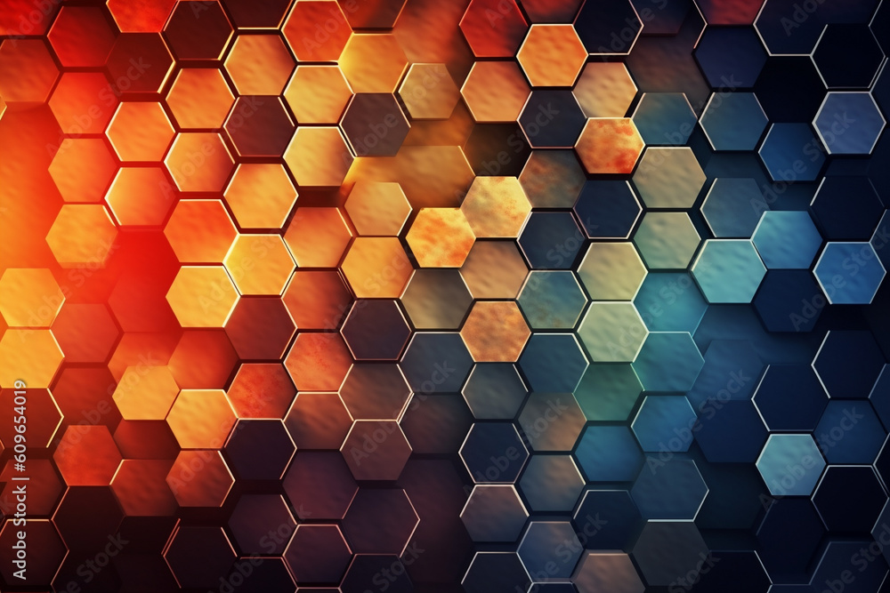 Poster technological abstract background with hexagons, hexagon background with light, generative ai
