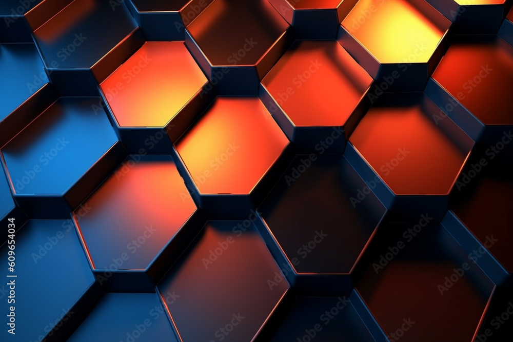 Poster technological abstract background with hexagons, hexagon background with light, generative ai