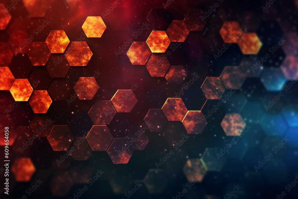 Poster technological abstract background with hexagons, hexagon background with light, generative ai