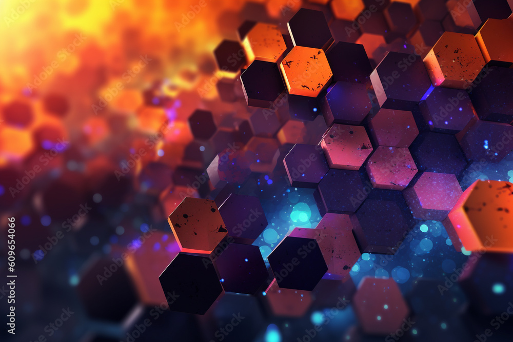 Poster technological abstract background with hexagons, hexagon background with light, generative ai