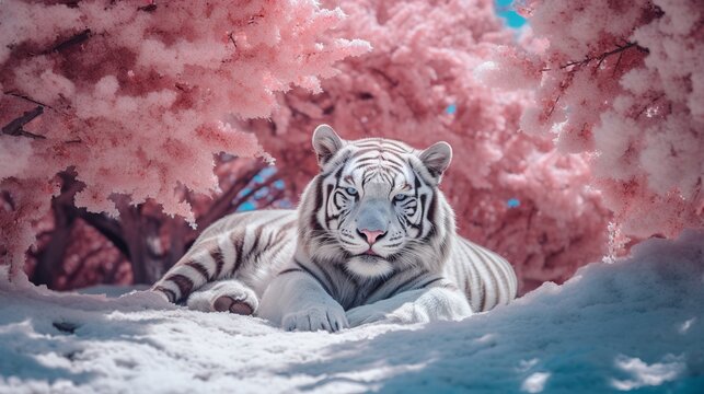A white tiger against the backdrop of a beautiful sakura garden. Generative Ai