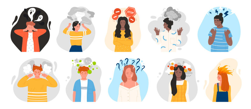 Negative thoughts and mood in people set vector illustration. Cartoon male and female characters with stress and anxiety in unhappy faces, bad weather, ghosts and questions over heads of pessimists