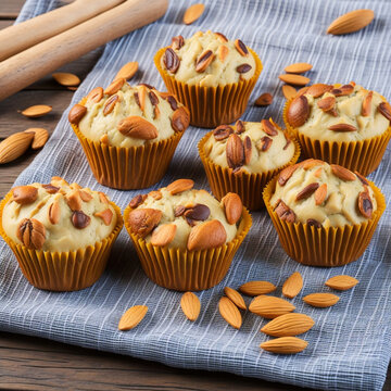AI generative image. Board with tasty almond muffins