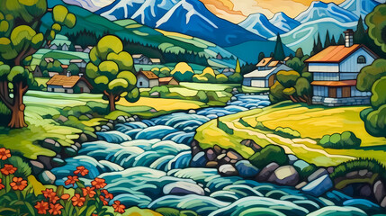Obraz na płótnie Canvas Serene Swiss Landscape with River Stream and Houses