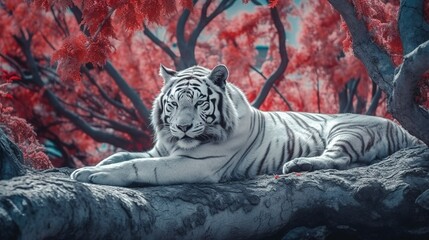 A white tiger against the backdrop of a beautiful sakura garden. Generative Ai