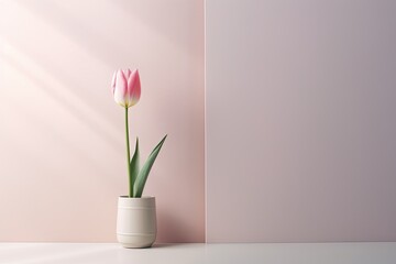 0594. Tulip in front of light pastel wall. Generative AI