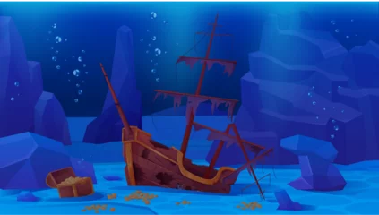 Fototapete Dunkelblau Sunken pirate ship on sea or ocean bottom vector illustration. Cartoon deep underwater game scene of shipwreck, wooden boat with broken mast and deck, bubbles in blue water and gold treasure on seabed