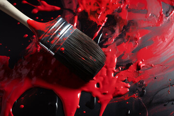 A paintbrush with red paint pouring out of it, Generative AI