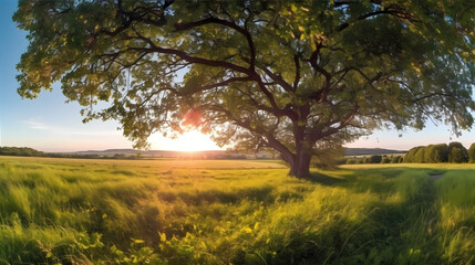 Fototapeta na wymiar Sunlit Meadow with Tree