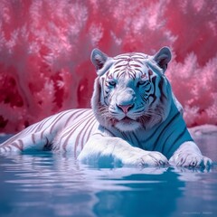 A white tiger against the backdrop of a beautiful sakura garden. Generative Ai