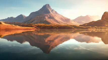 Fototapeta na wymiar Majestic Volcanic Mountain Reflected in Calm Waters at Sunrise