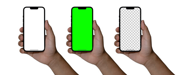 Obraz na płótnie Canvas Hand holding smart phone Mockup and screen Transparent, Green screen, Clipping Path isolated for Infographic Business web site design app