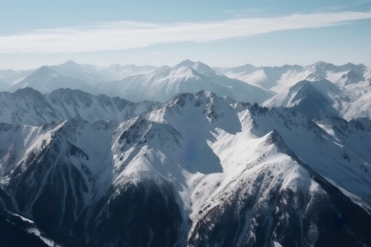 Bird's eye view of a mountain range with snow-capped peaks generated by AI