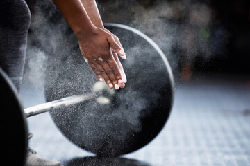Fitness, barbell or hands of bodybuilder with powder in workout or exercise for strength training....