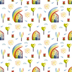 Rainbow watercolor seamless pattern. Background with houses, trees, sun, flowers. Cute texture for decor, wrapping paper, print, cover.
