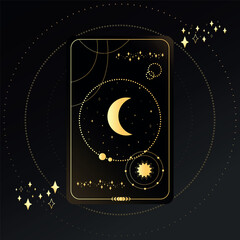 Gold Tarot card with a crescent on a black background with stars. Tarot symbolism. Mystery, astrology, esoteric