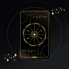 Gold Tarot card with a star on a black background with stars. Tarot symbolism. Mystery, astrology, esoteric