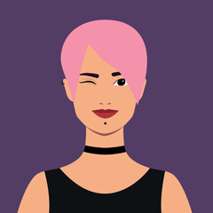 Young informal woman is winking. Human emotions. Playful and funny. Support. Female. Flat style