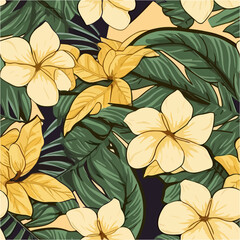 Plumeria flower seamless pattern with leaf on yellow background 