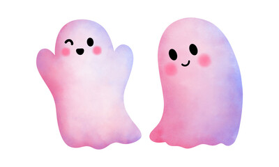 Watercolor pink baby ghosts illustration isolated on transparent background.
