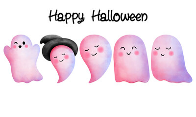 Happy halloween with watercolor cute baby pink ghosts illustration isolated on transparent background.