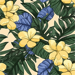 Plumeria flower seamless pattern with leaf on yellow background 