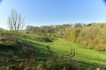 Paysage de prairies et de forêts sur les sommets des collines derrière les rochers de Freyr à Anseremme au sud de Dinant 