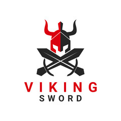 Viking helmet with crossed swords Logo design template.