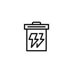 Rubbish bin with thunder energy. Vector line icon black and white with green eco energy theme
