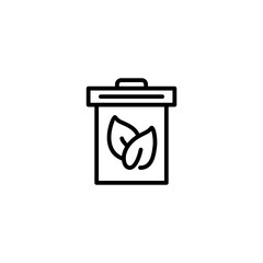 Rubbish bin with leaf energy. Vector line icon black and white with green eco energy theme