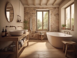 Fototapeta na wymiar vintage style bathroom with brick wall, window and natural light. Generative AI