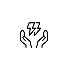 Two hand holding  thunder electric energy. Vector line icon black and white with green eco energy theme