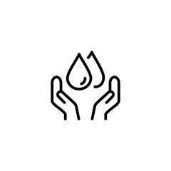 Fototapeta na wymiar Two hand holding water energy. Vector line icon black and white with green eco energy theme