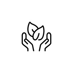 Two hand holding  leaf plant energy. Vector line icon black and white with green eco energy theme