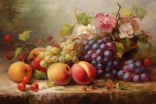 Fruit still life with grapes, peaches and flowers, digital oil painting. Beautiful artistic image for poster, wallpaper, art print. Generative AI.
