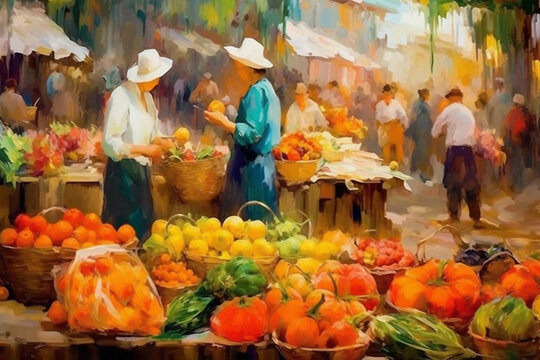 Vibrant oil painting of farmer´s food market with fruit and vegetable stall, impressionism, beautiful artistic image with brush strokes and canvas texture. Generative AI.
