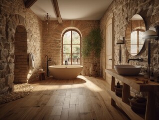 Fototapeta na wymiar vintage style bathroom with brick wall, window and natural light. Generative AI