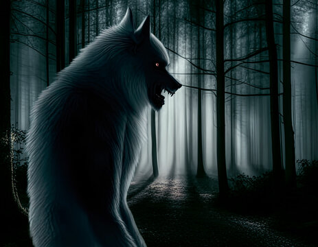 Creepy werewolf in a dark forest