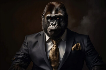 Portrait of a Gorilla dressed in a formal business suit, Boss Gorilla, created with generative AI