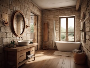 vintage style bathroom with brick wall, window and natural light. Generative AI