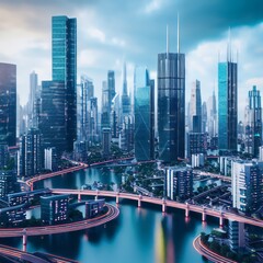 Modern cityscape with shining glass and metal skyscrapers