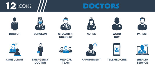 Doctor Icon Set. Collection of Surgeon, Nurse, Word Boy, Patient, Consultant, Emergency, Medical Team, Online Health Service and More Icons. Editable Flat Vector Illustration.