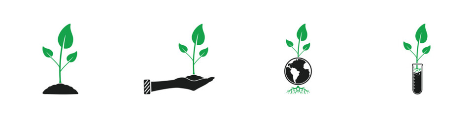 Plant Icon Set. Collection of Tree, Green Leaves, Care, Globe, Test Tube, Hand, Soil, Seeding, Nature and More Icons. Editable Flat Vector Illustration.
