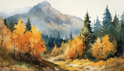 Watercolor landscape of a coniferous forest against the backdrop of mountains.Generative AI technology.
