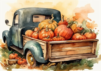 Watercolor old pickup trucks with ripe pumpkins and autumn leaves.Generative AI technology.	
 - obrazy, fototapety, plakaty
