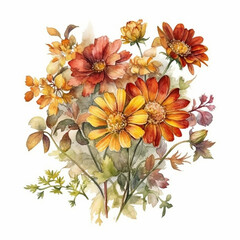Watercolor bouquet of autumn flowers, leaves, dried flowers. Generative AI technology.